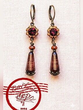 Victorian Deep Red Crystal Flower In Brass Necklace
